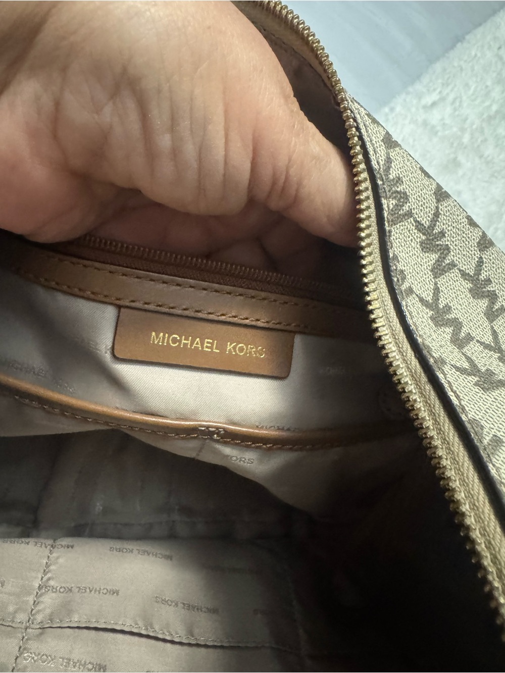 Michael Kors Beige and Brown MK Logo Crescent Hobo - Picture 5 of 7